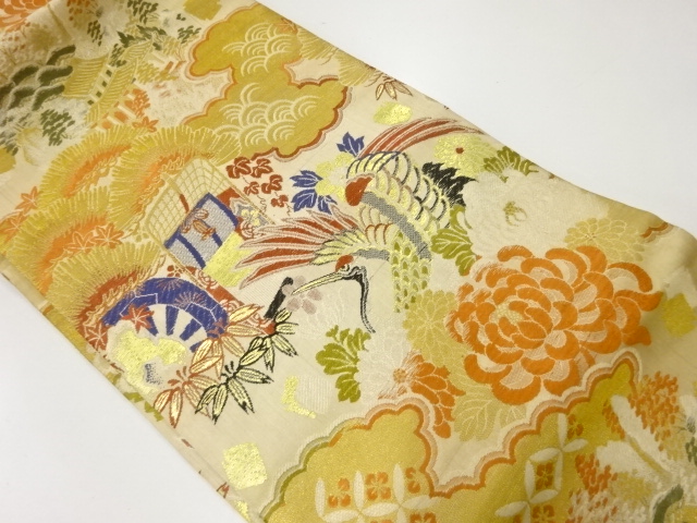 アンティーク　御所車に鶴・松・菊模様織り出し名古屋帯(材料)